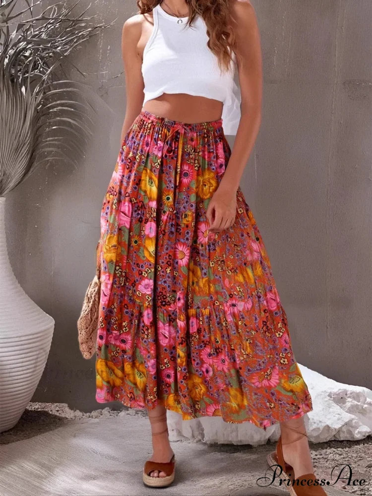 Bohemian Style Ladies Beach Red Floral A-Line Boho Skirt