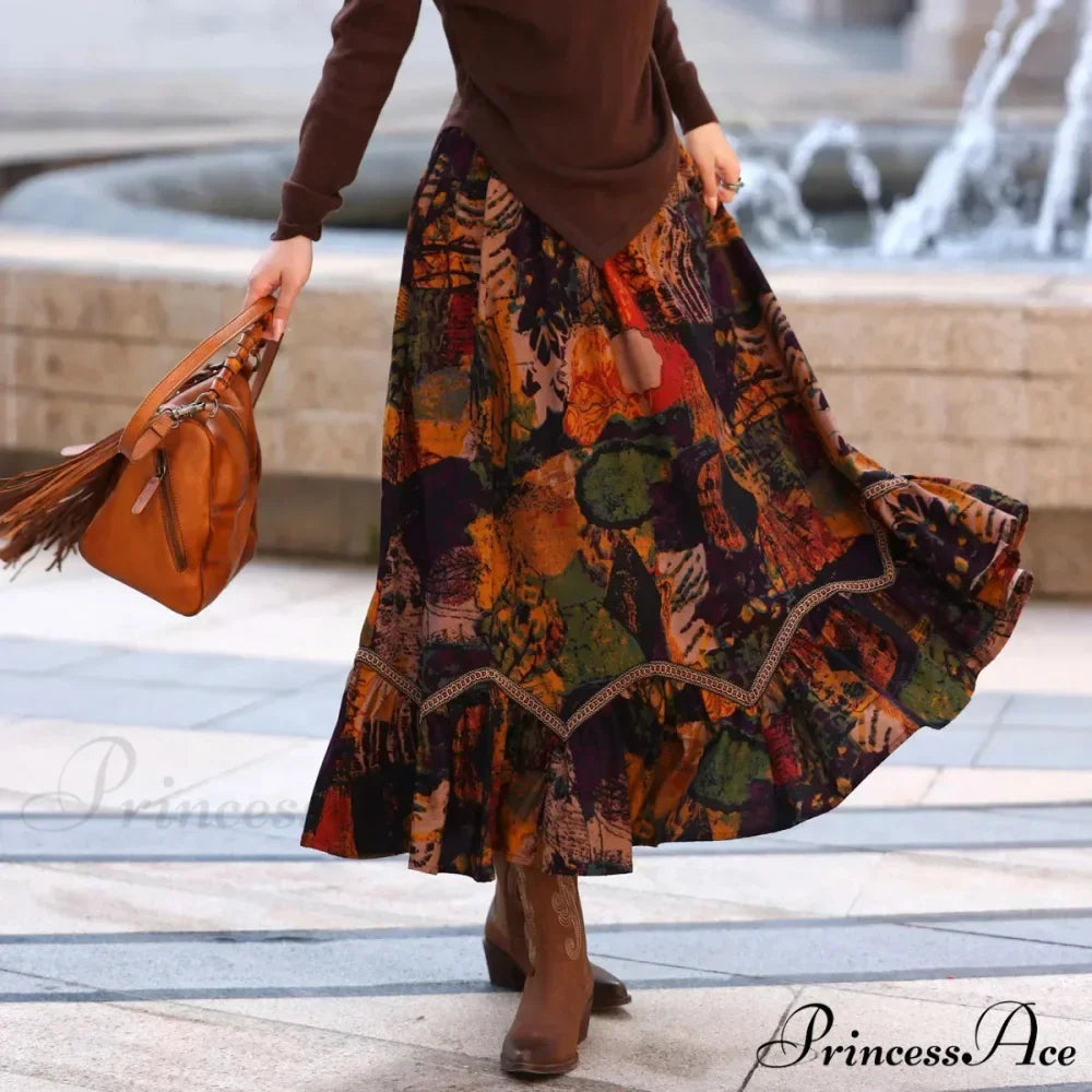 Bohemian Style Long Skirts Artwork Printing Pattern Romantic Antique A-line