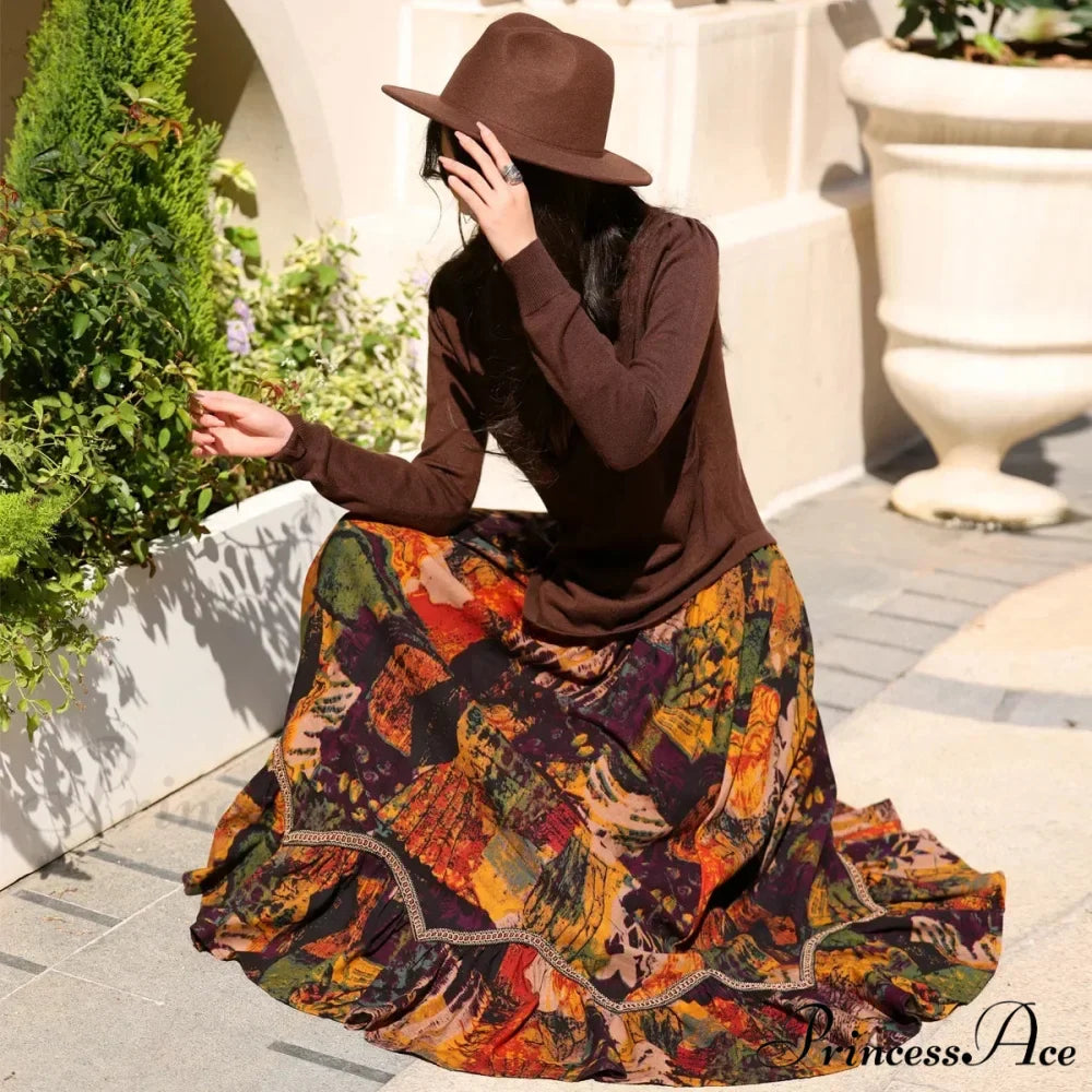 Bohemian Style Long Skirts Artwork Printing Pattern Romantic Antique A-line