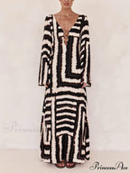 Bohemian Style Unique Printed Graceful V Tie Ring Maxi Dress