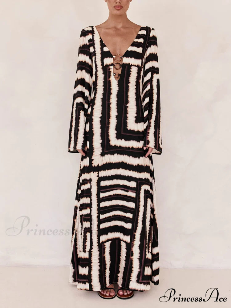 Bohemian Style Unique Printed Graceful V Tie Ring Maxi Dress