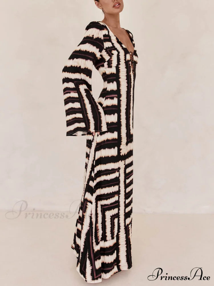 Bohemian Style Unique Printed Graceful V Tie Ring Maxi Dress