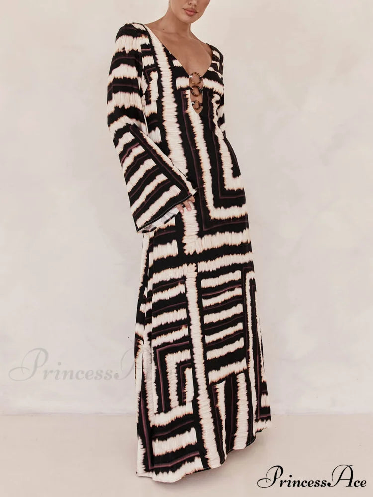 Bohemian Style Unique Printed Graceful V Tie Ring Maxi Dress