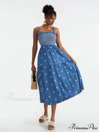 Bohemian Summer Bloom Embroidery Tie-Up Shoulder Shirred A-Line Beach Dress