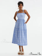 Bohemian Summer Bloom Embroidery Tie-Up Shoulder Shirred A-Line Beach Dress