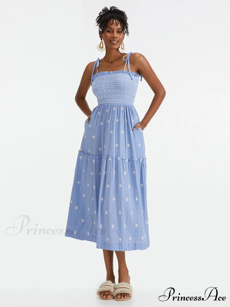 Bohemian Summer Bloom Embroidery Tie-Up Shoulder Shirred A-Line Beach Dress