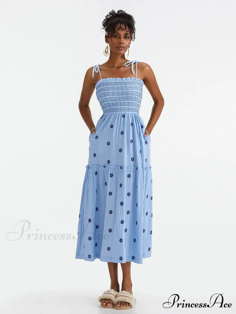 Bohemian Summer Bloom Embroidery Tie-Up Shoulder Shirred A-Line Beach Dress