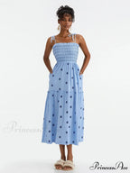 Bohemian Summer Bloom Embroidery Tie-Up Shoulder Shirred A-Line Beach Dress