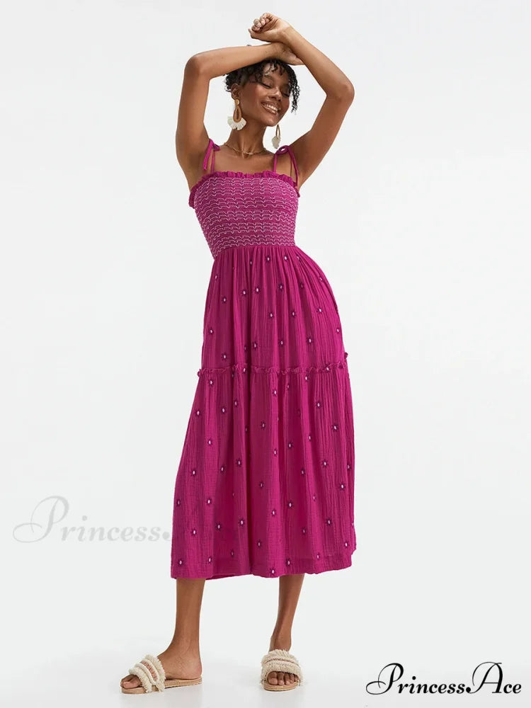 Bohemian Summer Bloom Embroidery Tie-Up Shoulder Shirred A-Line Beach Dress