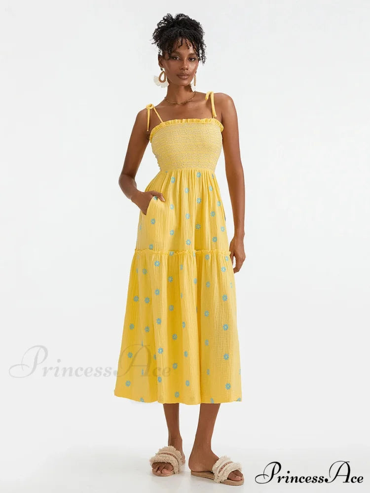 Bohemian Summer Bloom Embroidery Tie-Up Shoulder Shirred A-Line Beach Dress