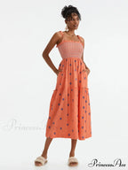 Bohemian Summer Bloom Embroidery Tie-Up Shoulder Shirred A-Line Beach Dress