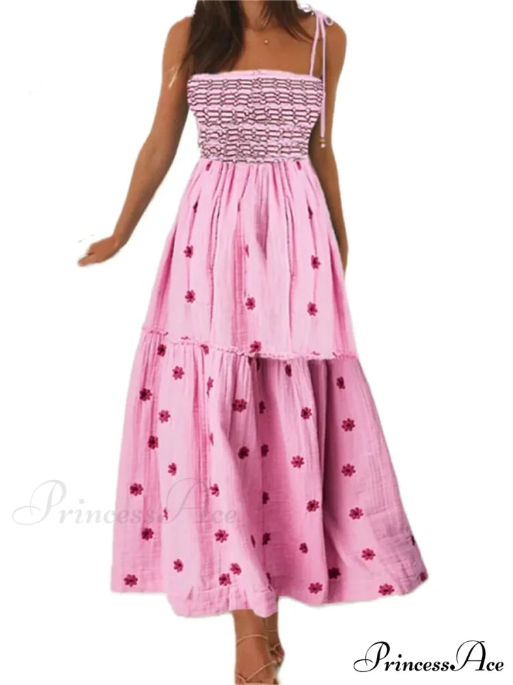 Bohemian Summer Bloom Embroidery Tie-Up Shoulder Shirred A-Line Beach Dress