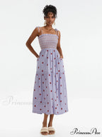 Bohemian Summer Bloom Embroidery Tie-Up Shoulder Shirred A-Line Beach Dress