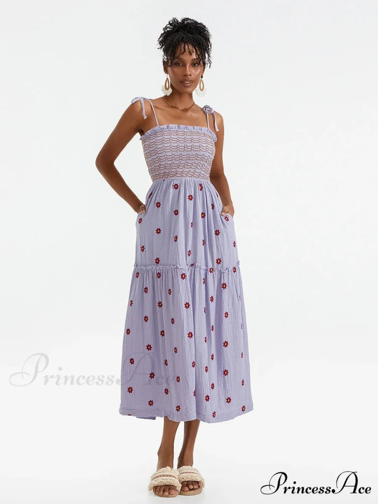 Bohemian Summer Bloom Embroidery Tie-Up Shoulder Shirred A-Line Beach Dress