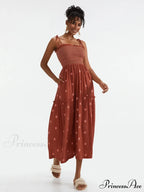 Bohemian Summer Bloom Embroidery Tie-Up Shoulder Shirred A-Line Beach Dress