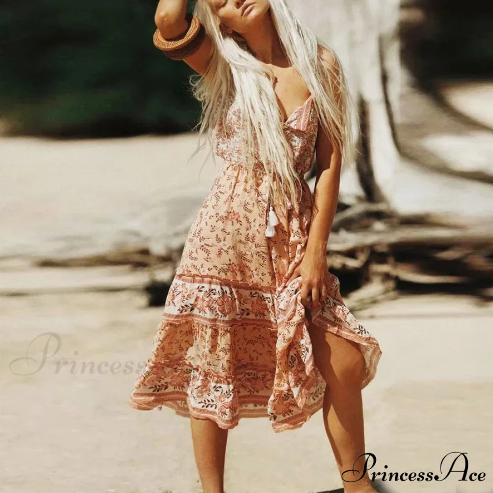 Bohemian Sundress Seductive Sleeveless Strap Rayon Floral Beach Dress