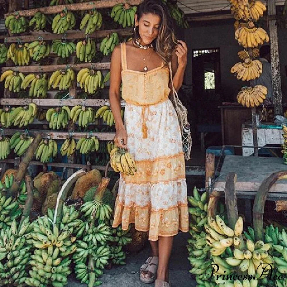 Bohemian Sundress Seductive Sleeveless Strap Rayon Floral Beach Dress