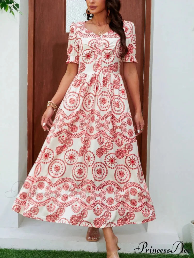 Bohemian Tall Waist Quadrilateral Neck Floral Dress