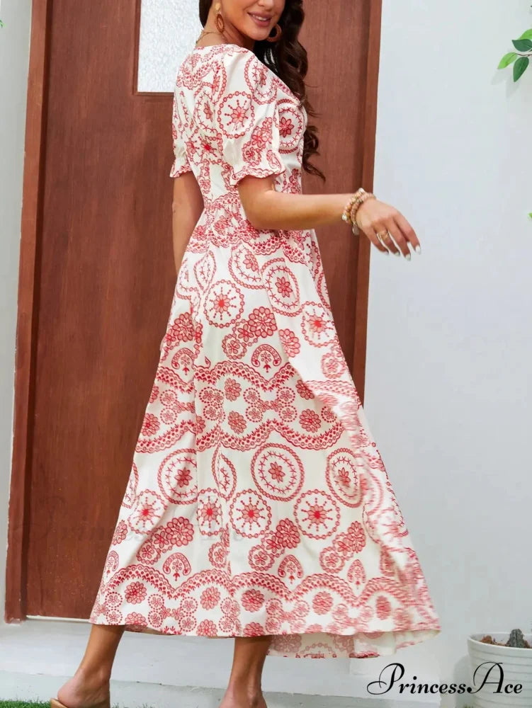 Bohemian Tall Waist Quadrilateral Neck Floral Dress