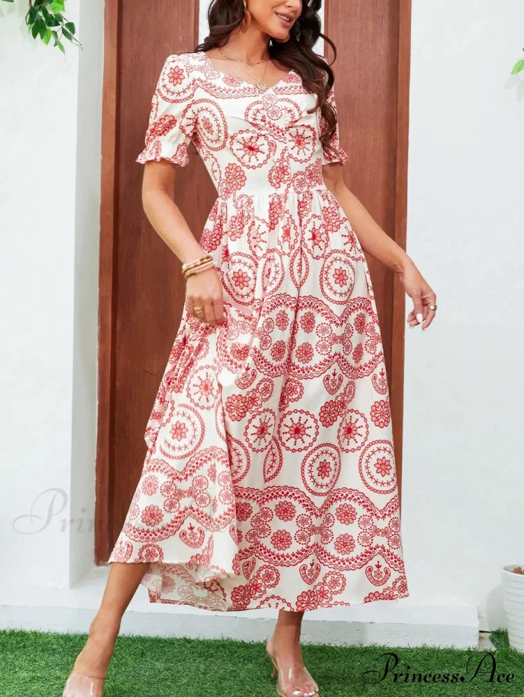 Bohemian Tall Waist Quadrilateral Neck Floral Dress