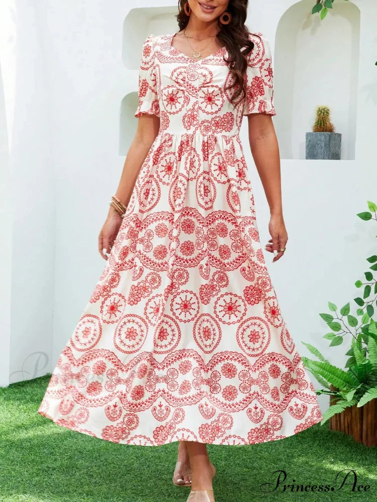 Bohemian Tall Waist Quadrilateral Neck Floral Dress