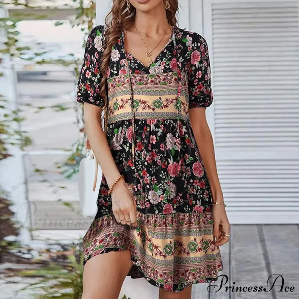 Bohemian Tie-up V Neck Floral Print Relaxed Dress