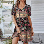 Bohemian Tie-up V Neck Floral Print Relaxed Dress