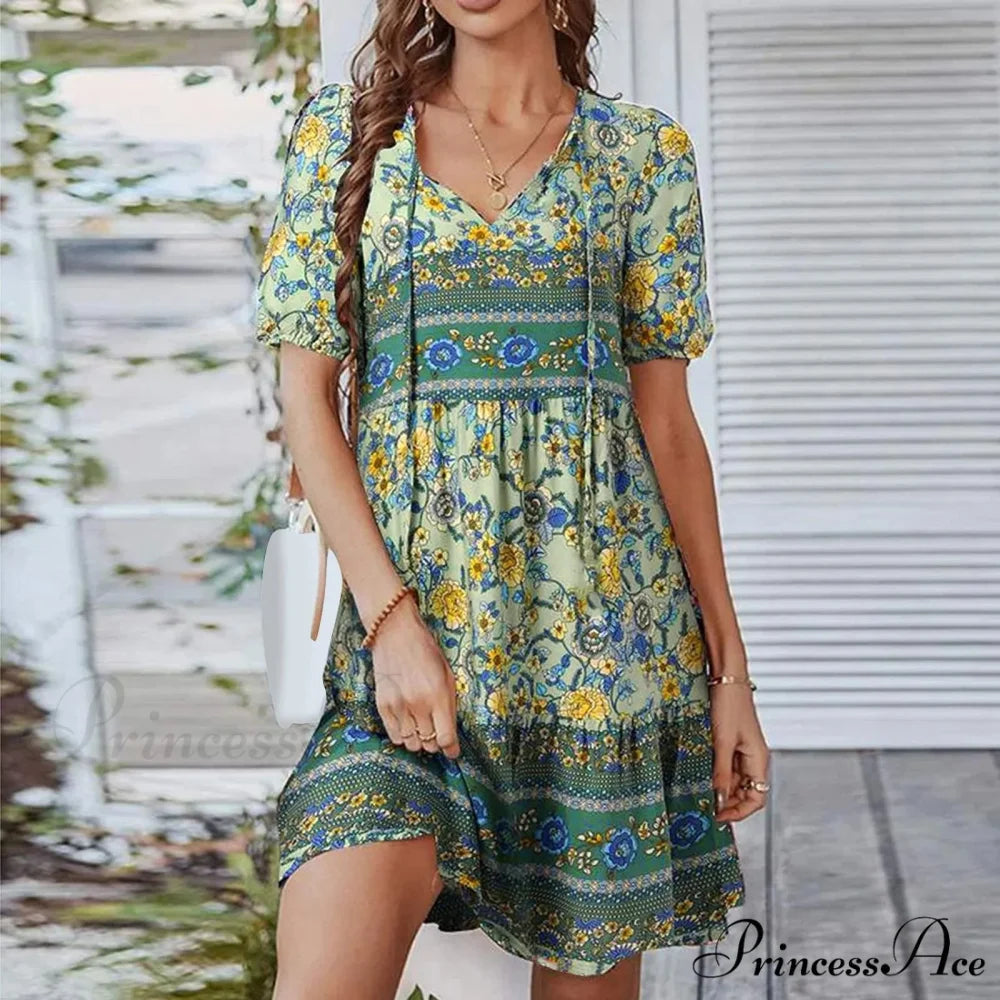 Bohemian Tie-up V Neck Floral Print Relaxed Dress