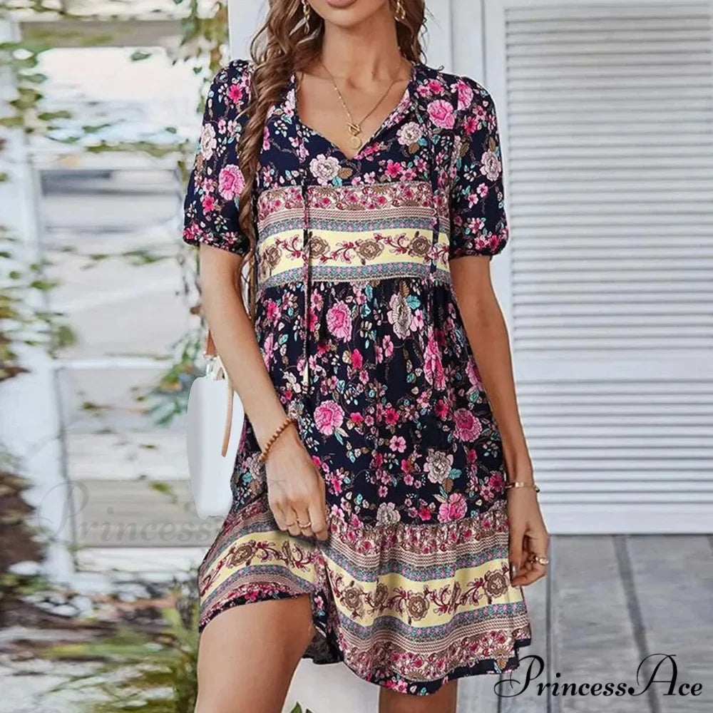 Bohemian Tie-up V Neck Floral Print Relaxed Dress