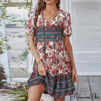 Bohemian Tie-up V Neck Floral Print Relaxed Dress