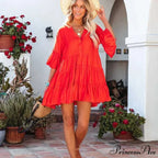 Bohemian Tunic Beach Attire Relaxed Cover-Up for Women Retro V-neck Mini Summer Dress