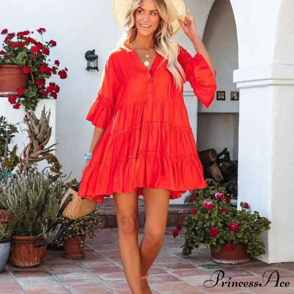 Bohemian Tunic Beach Attire Relaxed Cover-Up for Women Retro V-neck Mini Summer Dress