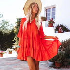 Bohemian Tunic Beach Attire Relaxed Cover-Up for Women Retro V-neck Mini Summer Dress