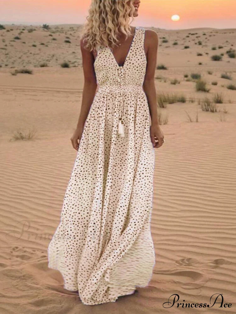 Bohemian V-Neck Sleeveless Charming Polka-Dot Maxi Skirt