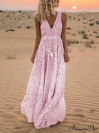 Bohemian V-Neck Sleeveless Charming Polka-Dot Maxi Skirt