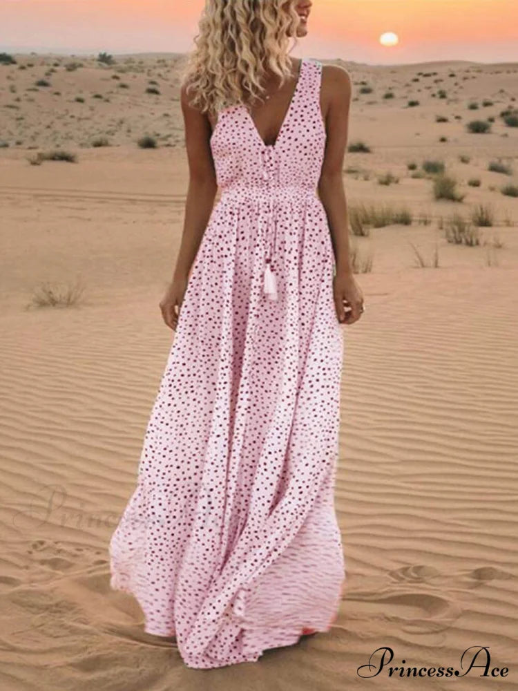 Bohemian V-Neck Sleeveless Charming Polka-Dot Maxi Skirt