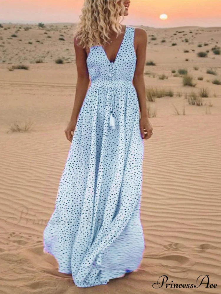 Bohemian V-Neck Sleeveless Charming Polka-Dot Maxi Skirt