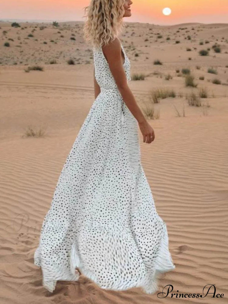 Bohemian V-Neck Sleeveless Charming Polka-Dot Maxi Skirt