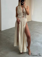 Boho Braids Belt Cutout Graceful Slit Kaftan Maxi Dress