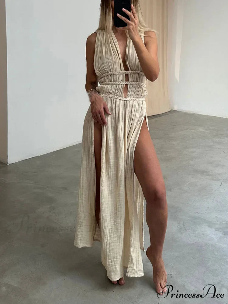 Boho Braids Belt Cutout Graceful Slit Kaftan Maxi Dress