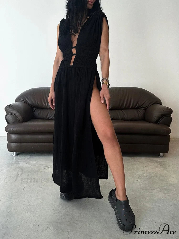 Boho Braids Belt Cutout Graceful Slit Kaftan Maxi Dress