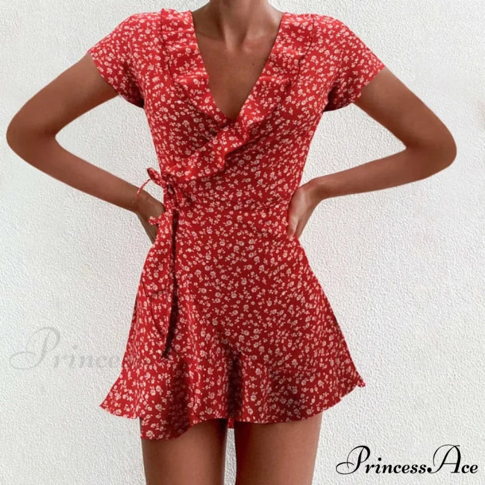 Boho Floral Ruffle Short Mini Dress
