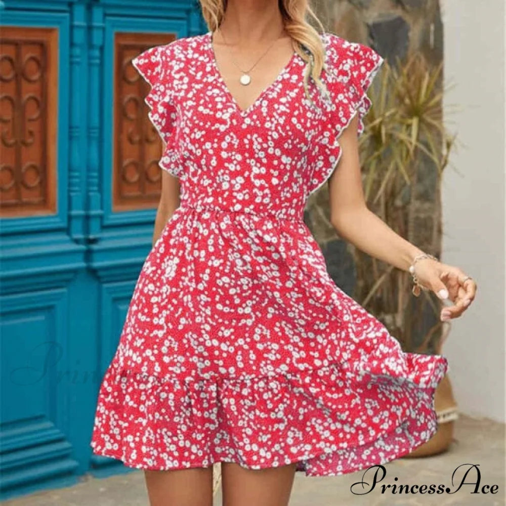 Boho Floral Ruffle Short Mini Dress