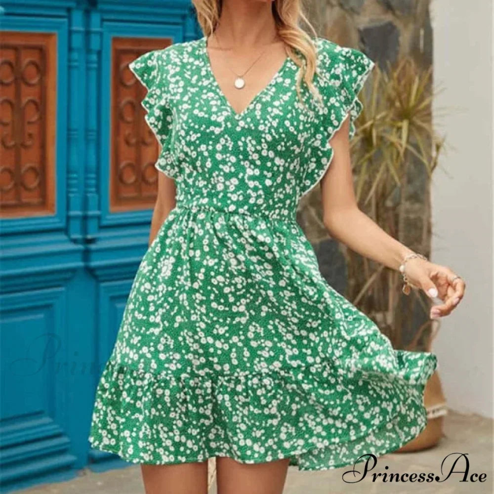 Boho Floral Ruffle Short Mini Dress