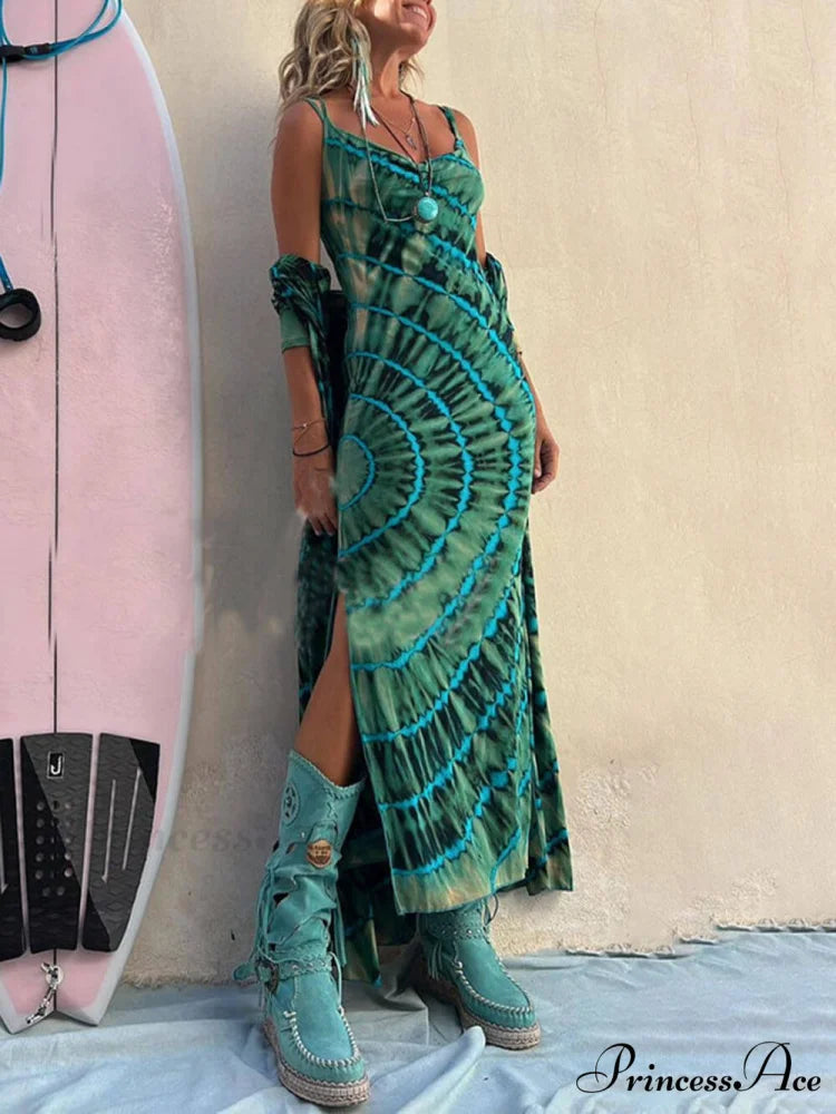 Boho Tie-dye Print Charming Slit Midi Dress