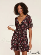 Botanical A-Line Mini Puff Short Sleeve Tie-Up Front Flared Holiday Party Dress