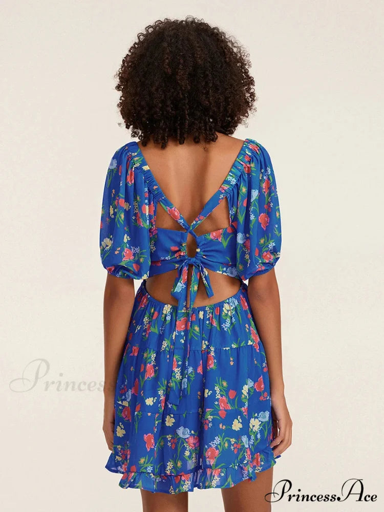 Botanical A-Line Mini Puff Short Sleeve Tie-Up Front Flared Holiday Party Dress