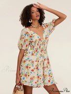 Botanical A-Line Mini Puff Short Sleeve Tie-Up Front Flared Holiday Party Dress