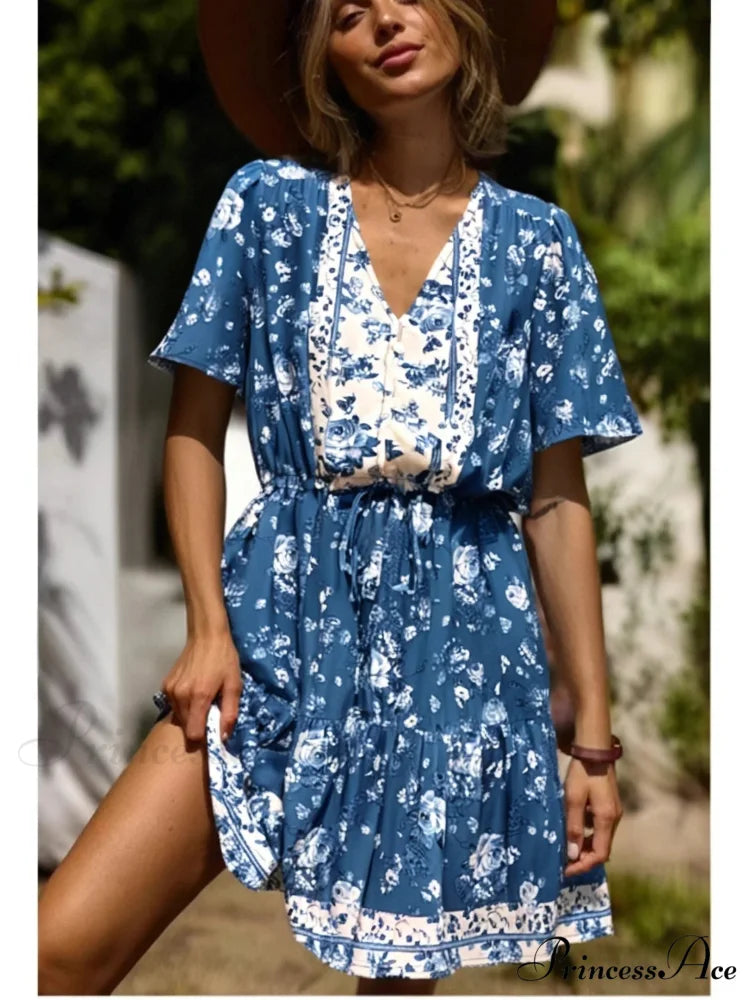 Botanical Deep Plunge Tassel Short Sleeve Rayon Getaway Mini Boho Dress