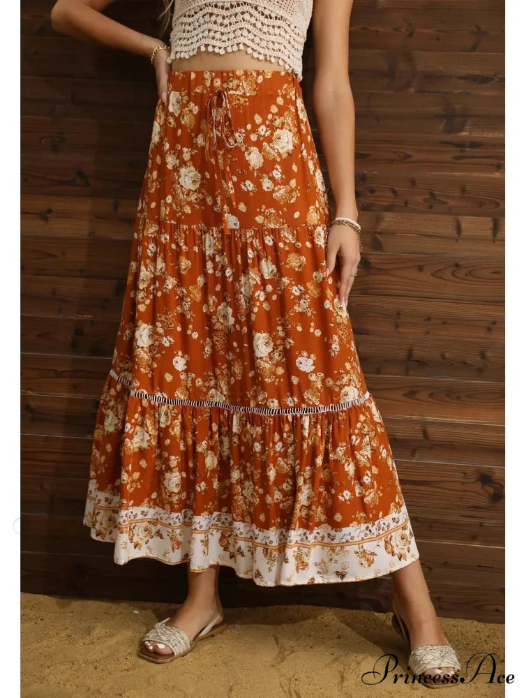 Botanical Folded Bohemian A-Line Rayon Maxi Skirt